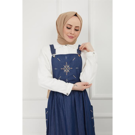 Embroidered Salopet Denim Dress Navy Blue