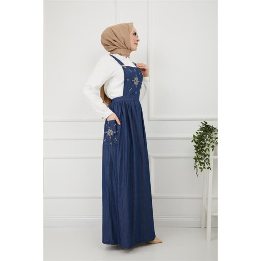 Embroidered Salopet Denim Dress Navy Blue