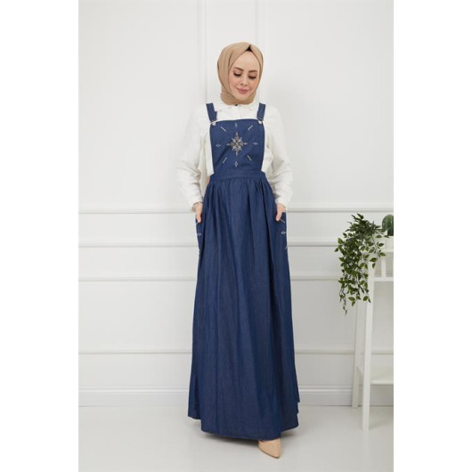 Embroidered Salopet Denim Dress Navy Blue