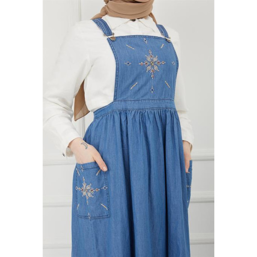 Embroidered Salopet Denim Dress Blue