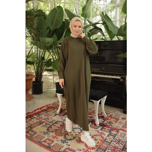 Raglan Sleeve Comfortable Fit Knitwear Dress Khaki