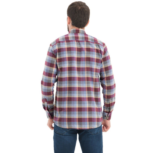 Men Grey Burgundy Checkered Wool Pocket Wide Cut Shirt