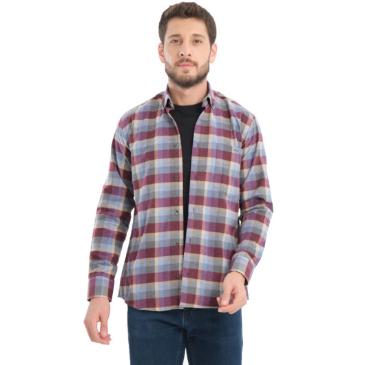 Men Grey Burgundy Checkered Wool Pocket Wide Cut Shirt