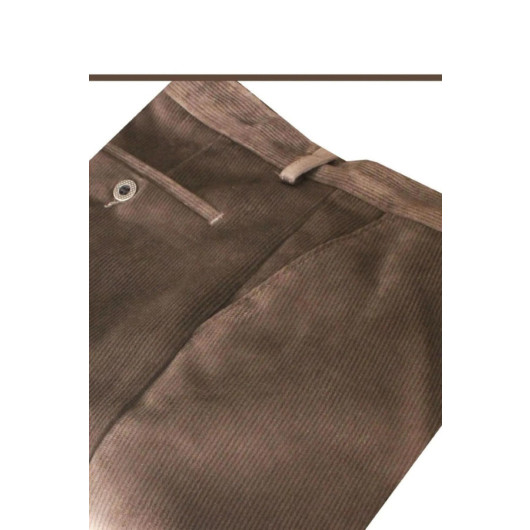 Men Brown Winter Wool Lined Classic Cut Velvet Trousers