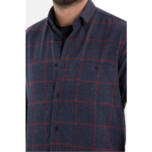 Men Navy Blue Winter Checkered Wool Pocket Wide Cut Shirt