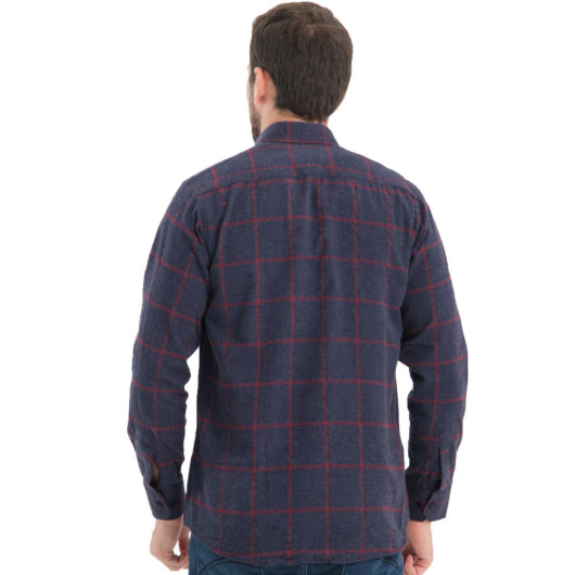 Men Navy Blue Winter Checkered Wool Pocket Wide Cut Shirt