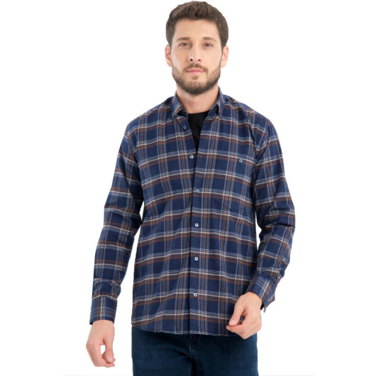 Men Navy Blue Winter Checkered Wool Pocket Wide Cut Shirt