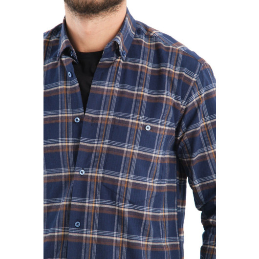 Men Navy Blue Winter Checkered Wool Pocket Wide Cut Shirt