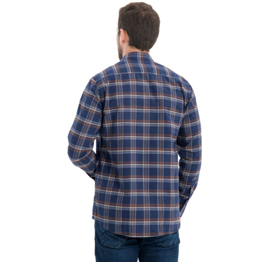 Men Navy Blue Winter Checkered Wool Pocket Wide Cut Shirt