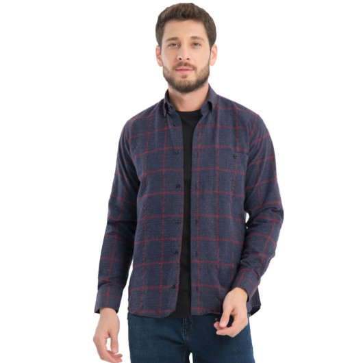 Men Navy Blue Winter Checkered Wool Pocket Wide Cut Shirt