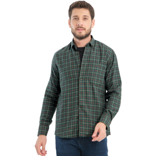 Men Green Winter Checkered Wool Pocket Wide Cut Shirt