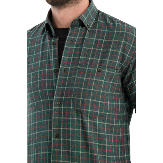 Men Green Winter Checkered Wool Pocket Wide Cut Shirt