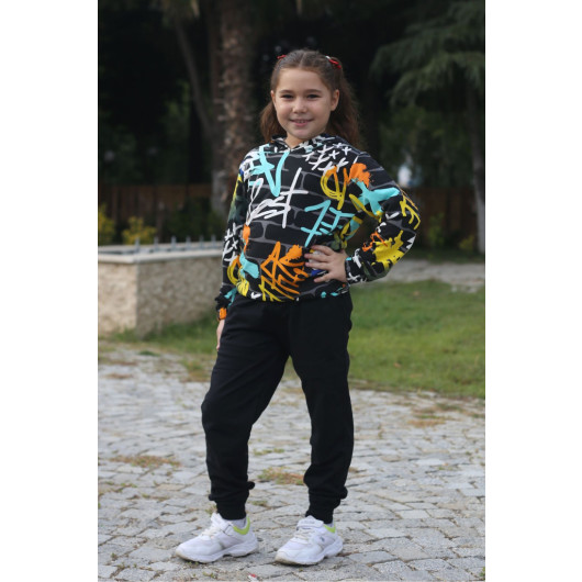 Hooded Patterned 2Ip Fabric Girls Tracksuit