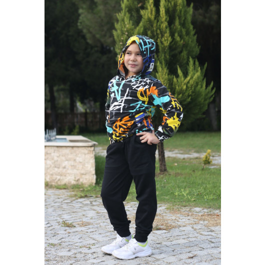 Hooded Patterned 2Ip Fabric Girls Tracksuit