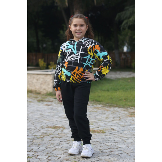 Hooded Patterned 2Ip Fabric Girls Tracksuit