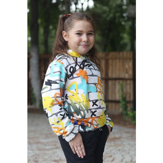 Hooded Patterned Elastic Waist Girl Sweatshirt