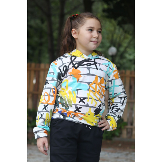 Hooded Patterned Elastic Waist Girl Sweatshirt