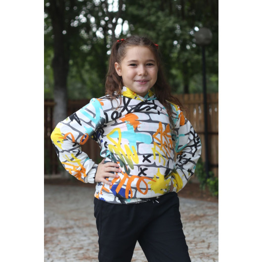 Hooded Patterned Elastic Waist Girl Sweatshirt