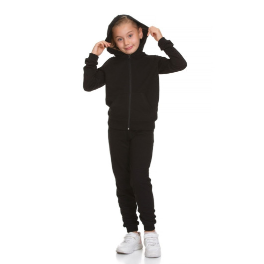 Girls Zippered Hooded Tracksuit Set