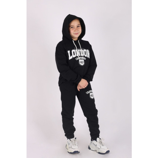 London Printed Hooded 2 Yarn Girls Tracksuit Set