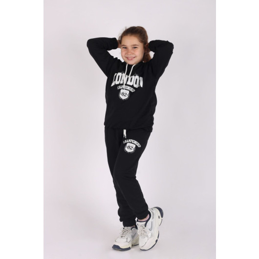 London Printed Hooded 2 Yarn Girls Tracksuit Set