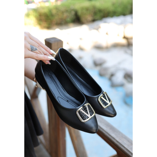 Black Leather Ballerina Shoes