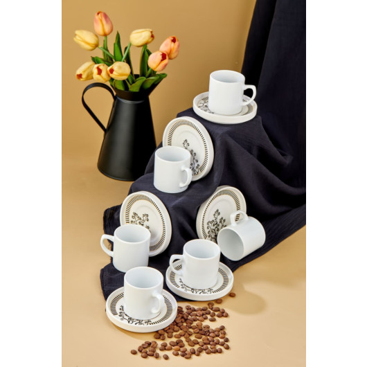 Ceramic Black 12 Piece White Coffee Cup Set For 6 People