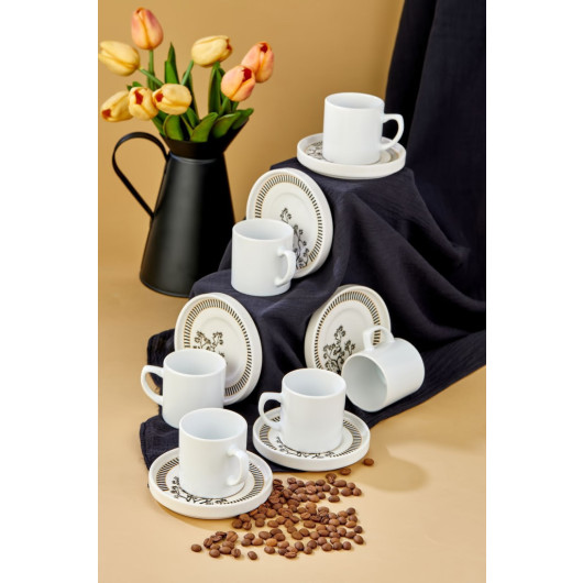 Ceramic Black 12 Piece White Coffee Cup Set For 6 People