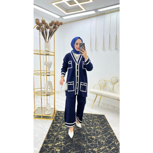 A Navy Blue Hijab Set, A Cardigan And White Striped Pants