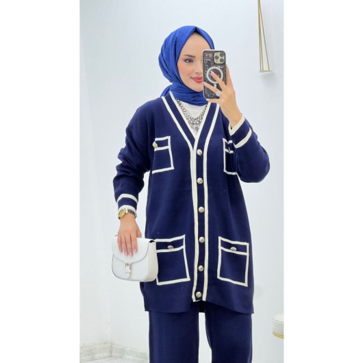 A Navy Blue Hijab Set, A Cardigan And White Striped Pants