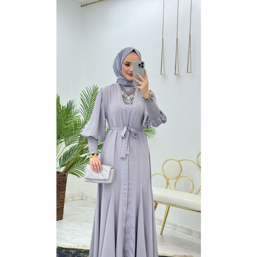 First Quality Medina Silk Fabric Belted Abaya And Undershirt Dress Fabulous Two-Piece Set