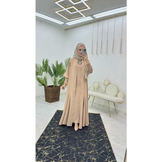 First Quality Medina Silk Fabric Belted Abaya And Undershirt Dress Fabulous Two-Piece Set