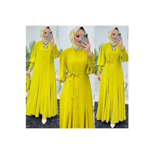 Women's Yellow Abaya Set With Belt And Inner Dress