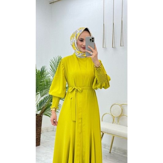 Women's Yellow Abaya Set With Belt And Inner Dress