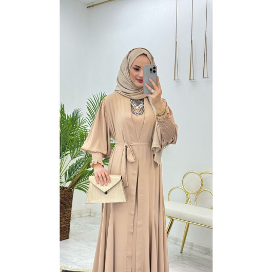 First Quality Medina Silk Fabric Belted Abaya And Undershirt Dress Fabulous Two-Piece Set