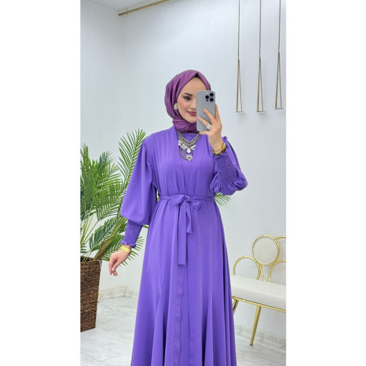 First Quality Medina Silk Fabric Belted Abaya And Undershirt Dress Fabulous Two-Piece Set