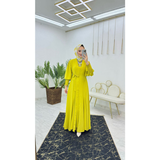 Women's Yellow Abaya Set With Belt And Inner Dress