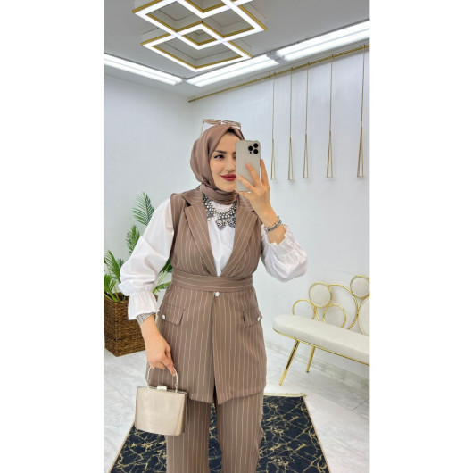 Double Crepe Striped Vest And Trousers Hijab Women's Two Piece Set