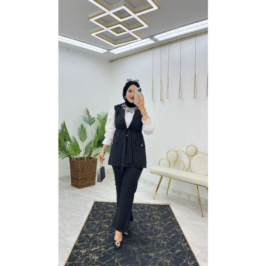 Double Crepe Striped Vest And Trousers Hijab Women's Two Piece Set