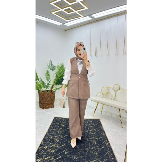 Double Crepe Striped Vest And Trousers Hijab Women's Two Piece Set