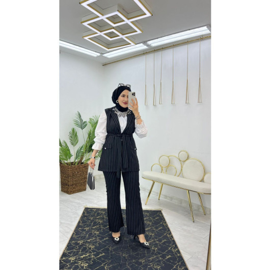 Double Crepe Striped Vest And Trousers Hijab Women's Two Piece Set