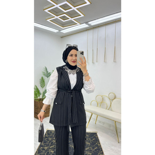 Double Crepe Striped Vest And Trousers Hijab Women's Two Piece Set