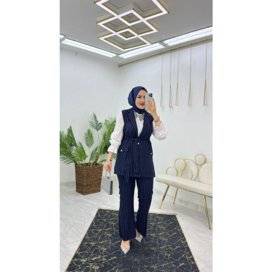 Double Crepe Striped Vest And Trousers Hijab Women's Two Piece Set