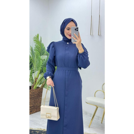 Women's Abaya With Ruffle Sleeves, Blue Crepe Fabric, Dubai