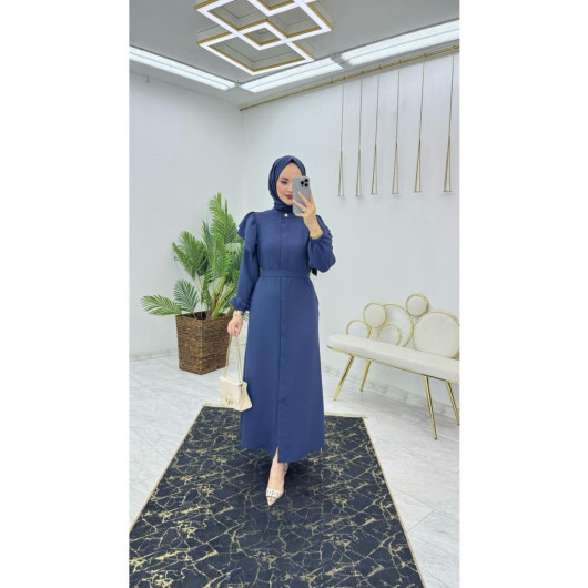 Women's Abaya With Ruffle Sleeves, Blue Crepe Fabric, Dubai