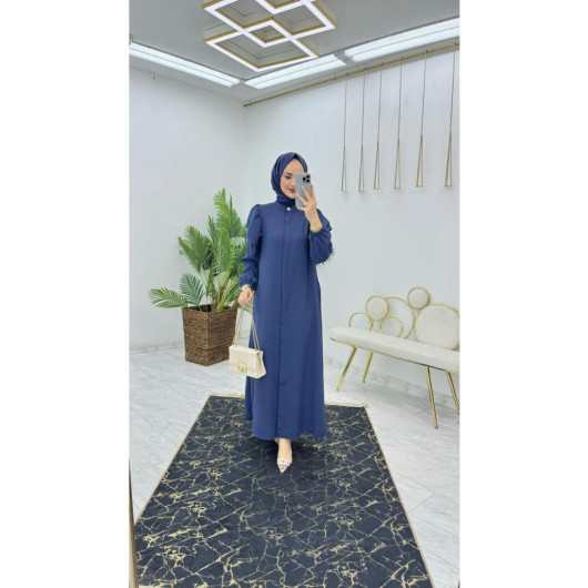 Dubai Crepe Fabric Ruffle Sleeve Abaya Blue