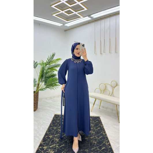 Dubai Crepe Pleated Sleeves Buttoned Women's Abaya