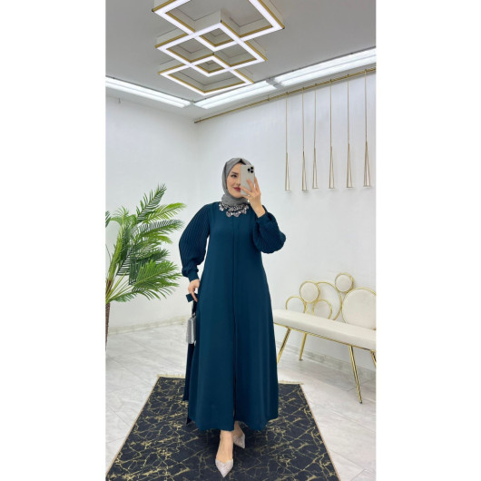 Dubai Crepe Pleated Sleeves Buttoned Women's Abaya