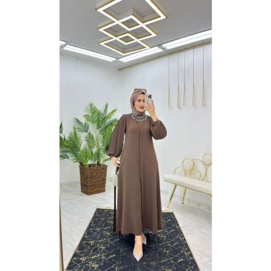 Dubai Crepe Pleated Sleeves Buttoned Women's Abaya