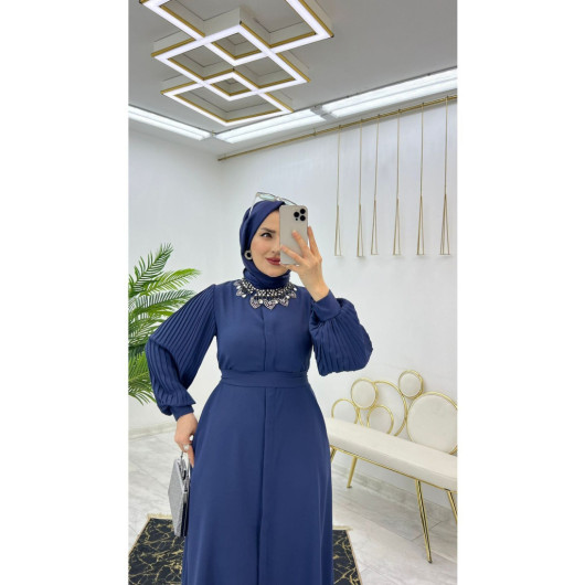 Dubai Crepe Pleated Sleeves Buttoned Women's Abaya